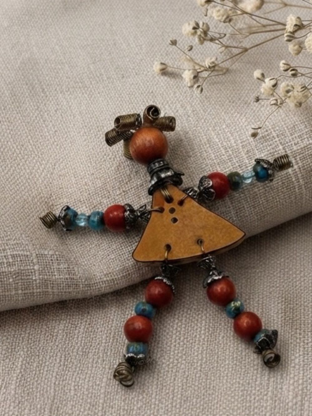 Artisan Mixed Media Doll Brooch Wood Jasper & Brass Boho Pin